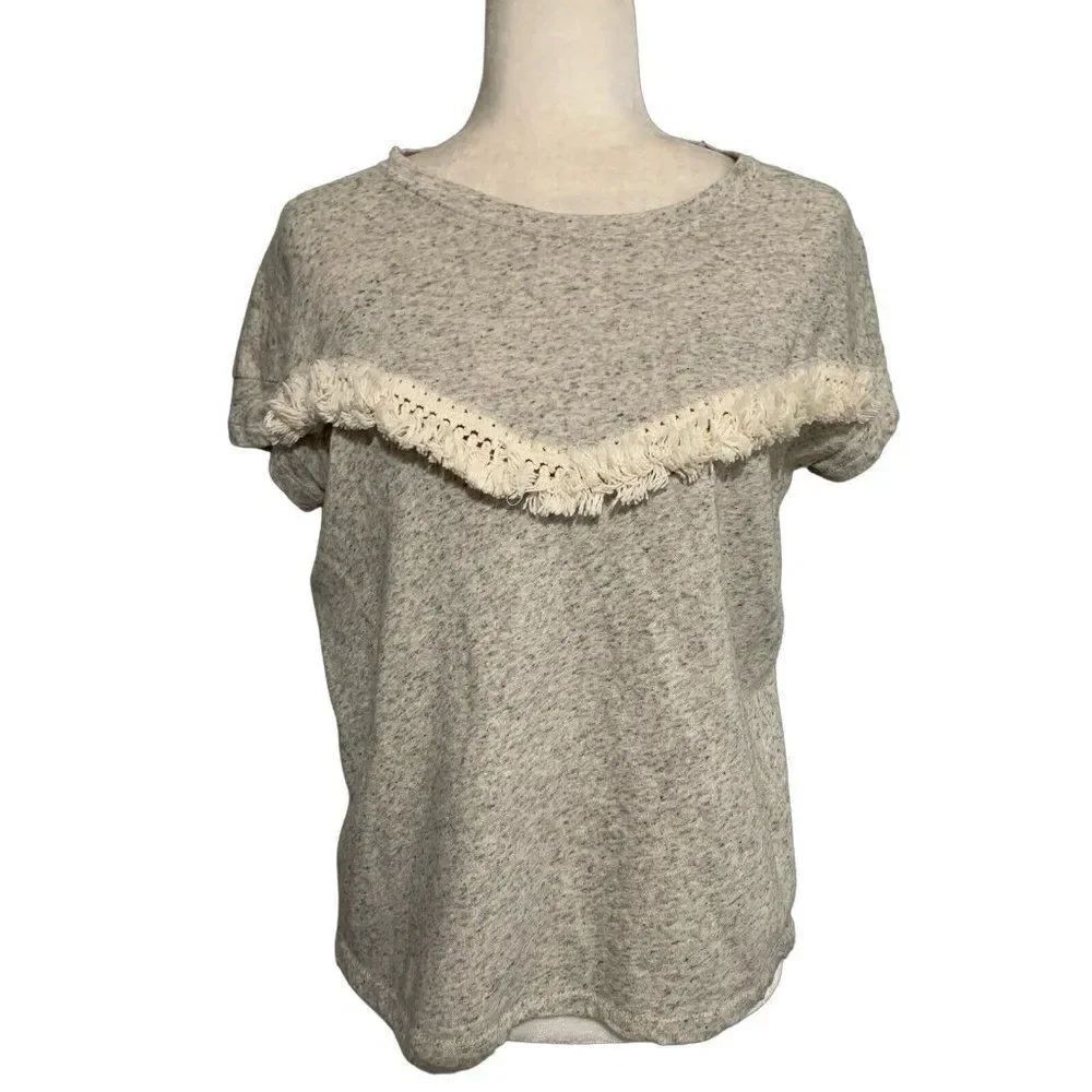 Zara Gray White Fringe Short Sleeve Top sweater t shirt crew neck tassel Small